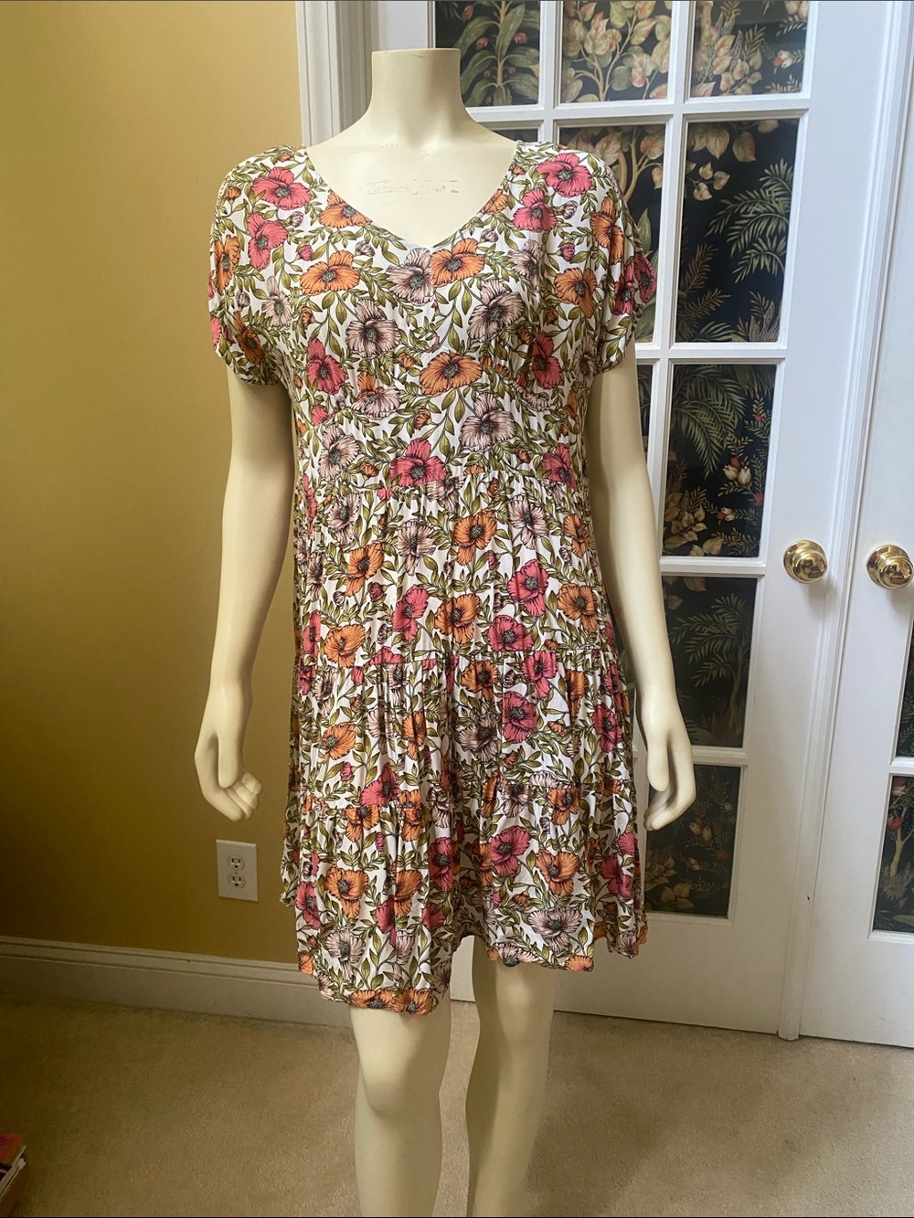 Kori Women's M Floral V-Neck Summer Dress - Pink & Orange Blooms, Green, White